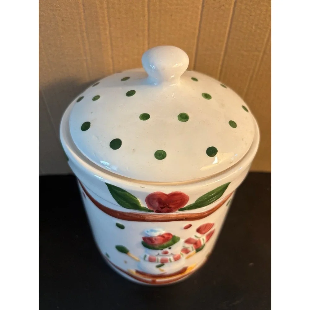 Heritage Pottery Christmas Snowman Cookie Treat Candy Jar w Lid Holiday